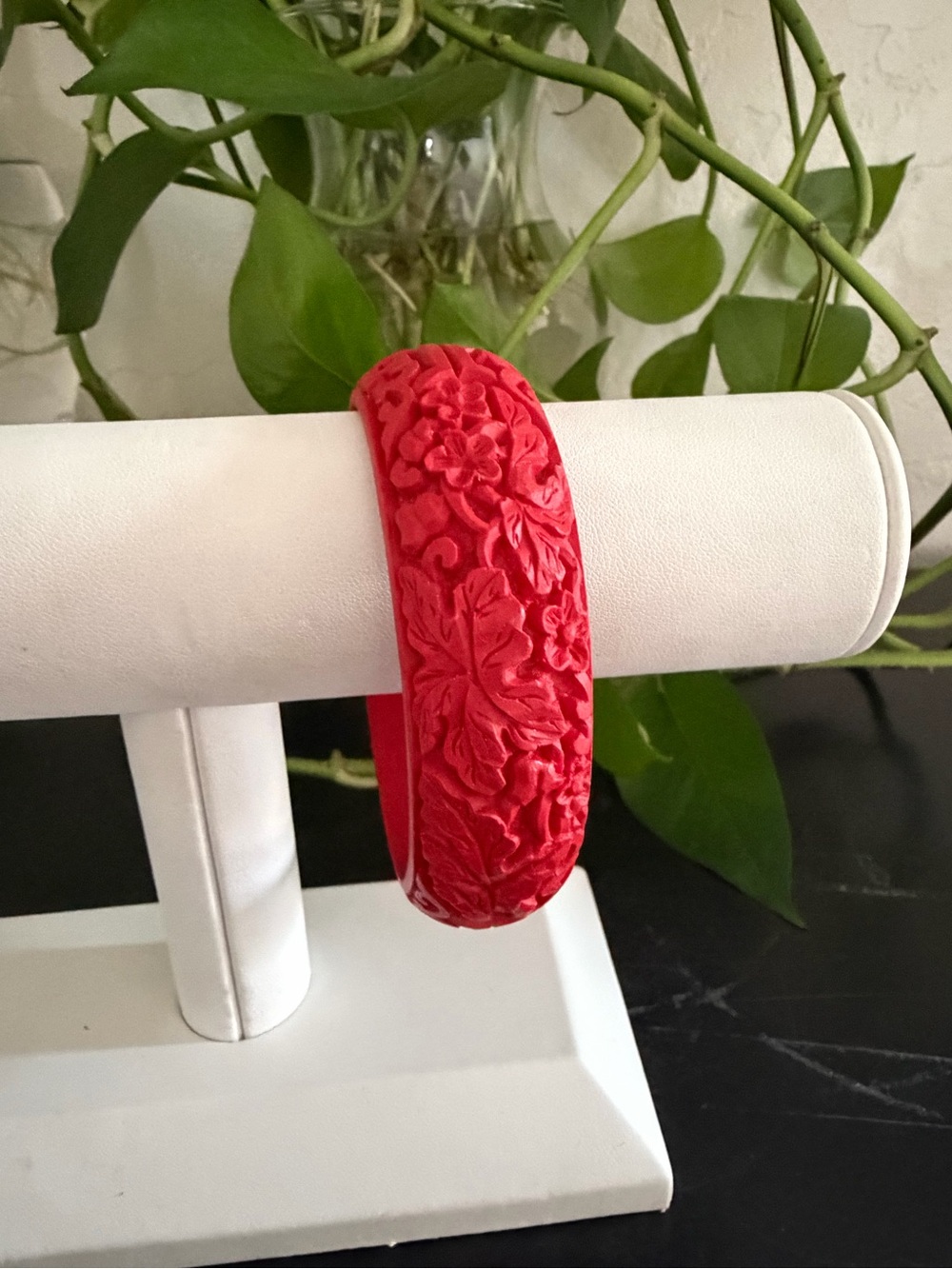 Vintage Oriental Asian Cinnbar Red Carved Floral Bangle Bracelet